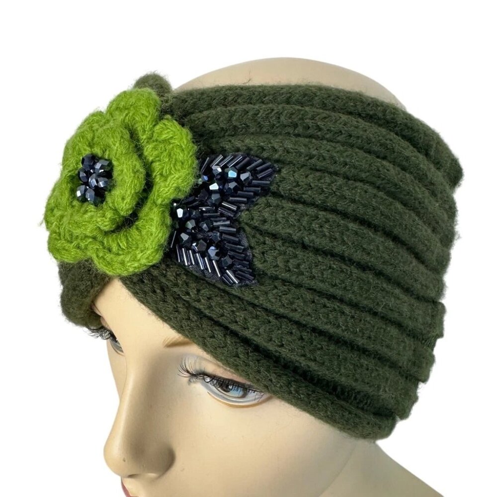 Bel Cappelli Women's Knit Headband Green Flower Beaded Winter Ear Warmer 5